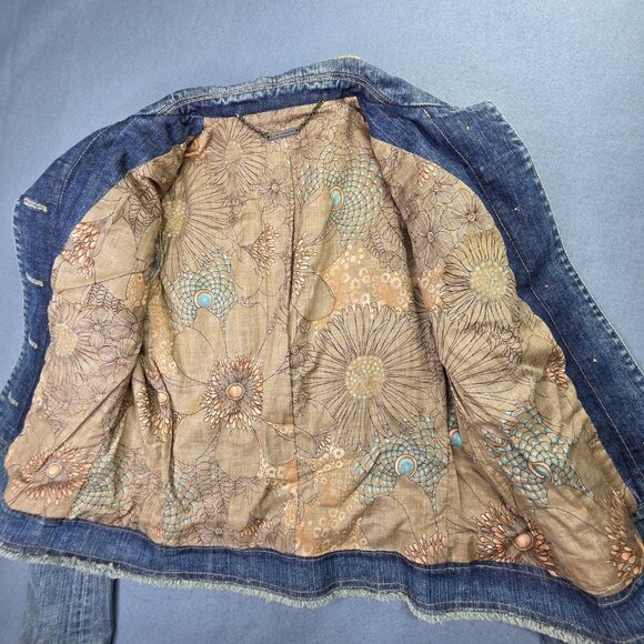 Elie Tahari Denim Jean Jacket Women Small Blue Distressed Embellished Lined Boho - Picture 6 of 13